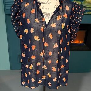 CAbi Navy Blouse with Orange Floral Design
